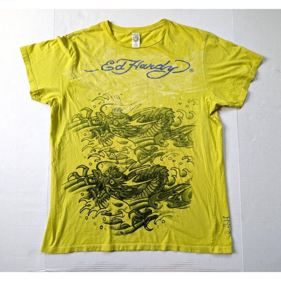 Ed Hardy Other - Vintage Ed Hardy Shirt Mens XXL Double Dragon Yellow Christian Audigier